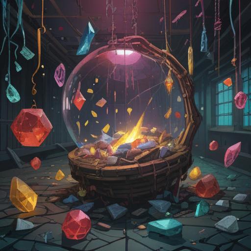 A surreal illustration of broken objects, unexpected messages revealed, fragments of glass and metal scattered, vibrant colors contrasting with the dark background, whimsical typography, a sense of discovery and curiosity, thought-provoking imagery, 4k