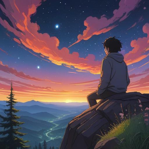 A serene scene depicting a person gazing at a starry sky, feeling a sudden surge of emotions, ethereal glow surrounding them, symbolic imagery of connections and intuition, representations of spiritual signs like feathers and blossoms, calming colors, soft light radiating from the stars, sense of wonder and introspection, 4k