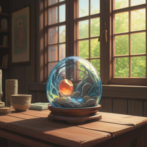A serene illustration of a lucky stone placed gently on a wooden table, soft sunlight filtering through a window, a faint silhouette of a person in the background looking contemplative, peaceful ambiance, textures of the stone and wood accentuated, hints of vibrant colors reflecting hopefulness, 4k