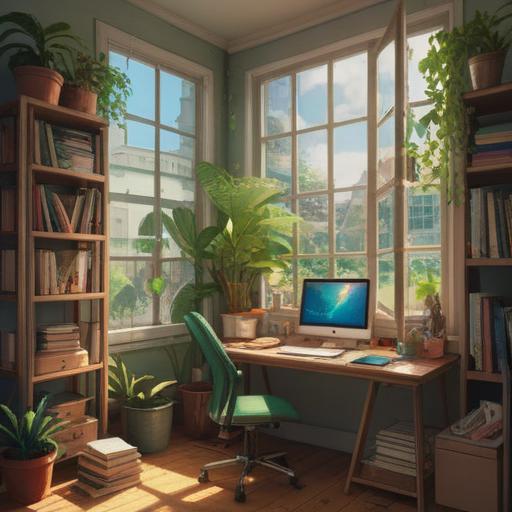 A serene workspace scene, neatly arranged desk with colorful notebooks, laptop displaying organized notes, soft sunlight streaming through a window, plants adding a touch of greenery, cozy atmosphere, focus on productivity and organization, vibrant colors, inviting environment