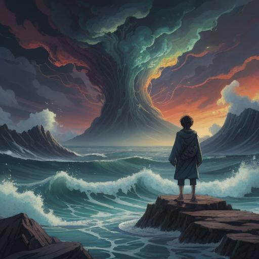 A surreal illustration of a person standing on a dark, swirling ocean under a stormy sky, surrounded by shadowy figures representing despair, ethereal lights symbolizing hope in the distance, intricate waves reflecting inner turmoil, a feeling of isolation and transformation, vivid contrasts, 4k
