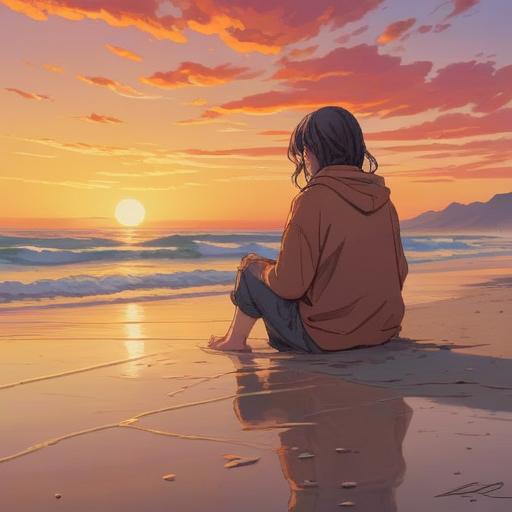 A reflective and serene scene, depicting a person sitting alone on a quiet beach at sunset, contemplative expression, gentle waves lapping at the shore, vibrant orange and purple sky, surrounded by soft glowing light, symbolizing inner peace and self-discovery, elements of nature representing spiritual awakening, calm and peaceful atmosphere, intricate details in the sand and water, 4k