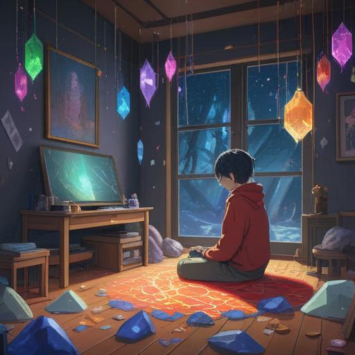A serene scene of a person sitting alone in a minimalist room, surrounded by a variety of colorful lucky crystals, reflecting light, a sense of tranquility and introspection, gentle sunlight streaming through the window, a feeling of relief and clarity, soft shadows creating a peaceful atmosphere, 4k