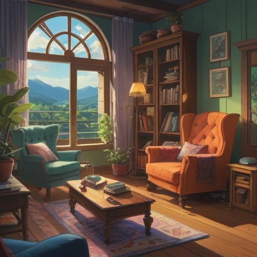 A serene and tranquil scene in a cozy room, gentle sunlight streaming through large windows, a comfortable armchair placed beside a small wooden table, steaming cup of tea and an open book on the table, peaceful indoor plants surrounding the space, soft cushions and warm blankets, a sense of calm and relaxation, inviting atmosphere, harmonious colors, 4k