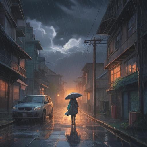 A mystical scene depicting sudden rain, spiritual symbolism, ethereal atmosphere, nature's cleansing power, the contrast of dark storm clouds with bright light beams, serene landscape, vibrant greenery absorbing rain, people looking up in wonder, 4k