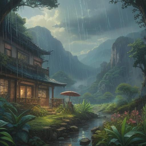 A mystical scene depicting a sudden downpour, vibrant raindrops falling onto lush greenery, sunlight breaking through the clouds, symbolizing spiritual awakening and good omens, serene atmosphere, ethereal light, nature's rebirth, peaceful reflections, harmonious connection with the universe, 4k