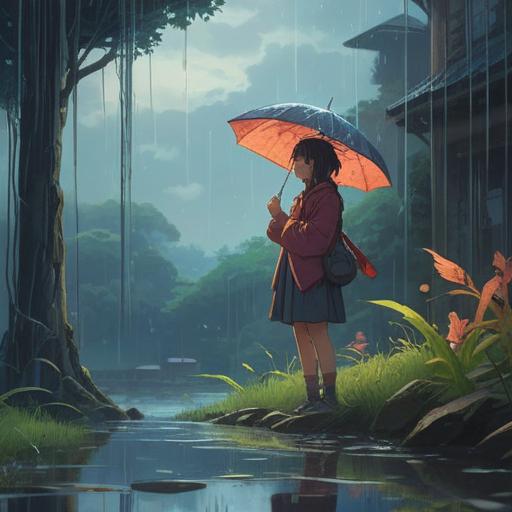 A sudden downpour, mystical symbols in the raindrops, an ethereal landscape, a person looking upward in reflection, nature's connection, spiritual awakening, dark clouds parting, a sense of urgency, protective energies, serene yet powerful atmosphere, vivid details, 4k