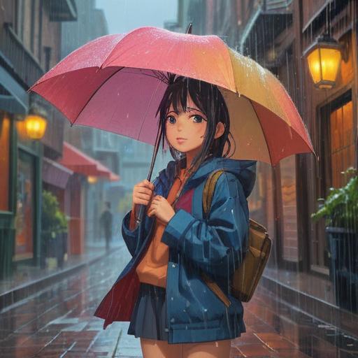 A whimsical scene featuring a person caught in sudden rain, holding a lucky umbrella, vibrant colors, joy amidst the rain, splashes of water around, a charm bracelet hanging from their wrist, playful raindrops, cheerful expression, cozy urban background, enchanting atmosphere, 4k