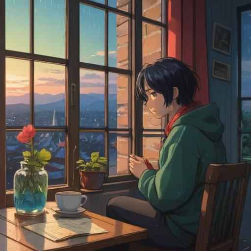 A cozy indoor scene, a person sitting by the window, sipping a warm drink, soft rain falling outside, gentle reflections on the glass, warm blankets around, a stack of books nearby, calming ambiance, peaceful and relaxed mood, inviting atmosphere, 4k