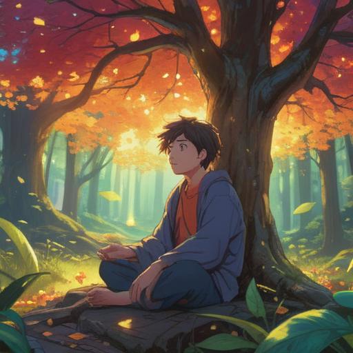 A serene and calming scene depicting a person meditating under a tree, surrounded by swirling spiritual energy, soft light filtering through leaves, ethereal symbols representing healing and communication floating in the air, peaceful expression, connection to the universe, vibrant nature, tranquility, 4k