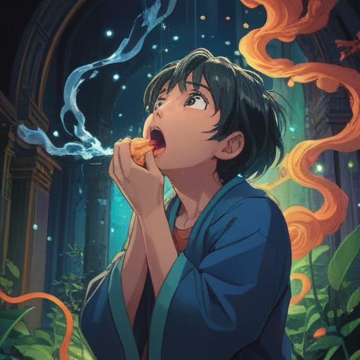 A mysterious scene depicting a person coughing unexpectedly, ethereal light surrounding them, symbolic representations of spiritual signs in the background, a sense of awakening and awareness, gentle winds, subtle orbs of energy, serene environment, inviting atmosphere, 4k