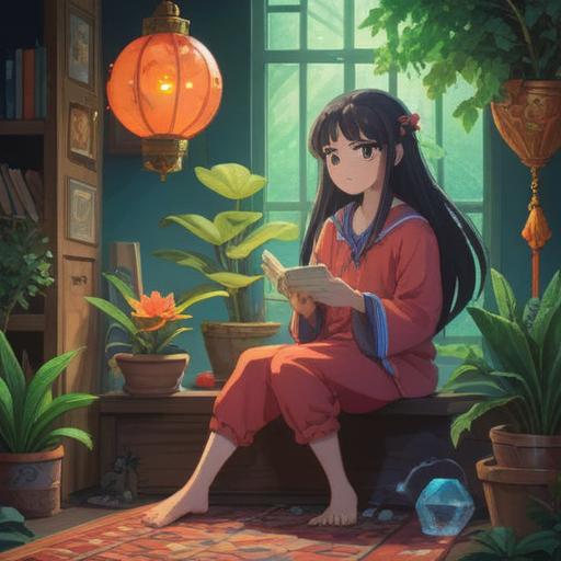 A serene, comforting scene depicting lucky items that promote relaxation and positivity, featuring a beautifully arranged collection of crystals, a small indoor plant, a cozy blanket, and a steaming cup of herbal tea on a wooden table, soft natural light filtering through a window, inviting ambiance, calming color palette, 4k