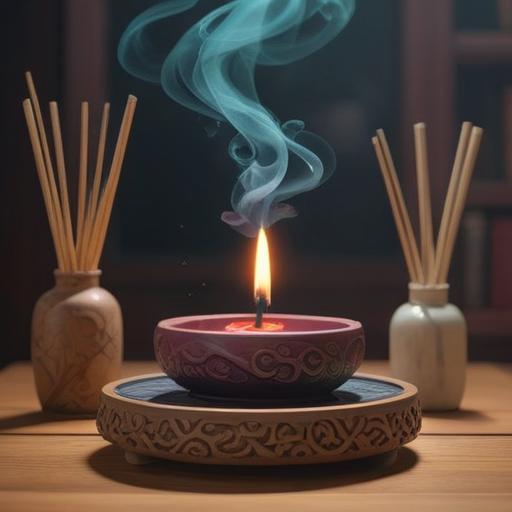 A serene and contemplative scene, a beautifully arranged incense stick holder, wisps of fragrant smoke rising gently, soft natural light filtering through the air, surrounded by elements of good fortune such as a lucky cat and three-leaf clover, a calming ambiance, vibrant colors, intricate details, peaceful atmosphere, 4k