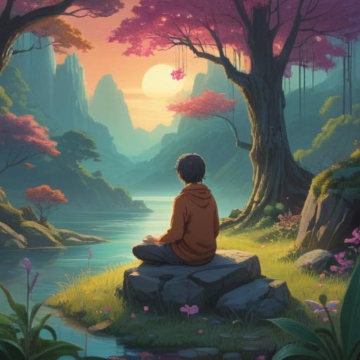 A serene, mystical landscape, a person sitting in meditation, surrounded by soft light, ethereal symbols floating around, tranquility in the air, nature in harmony, soft colors, spiritual awakening, 4k