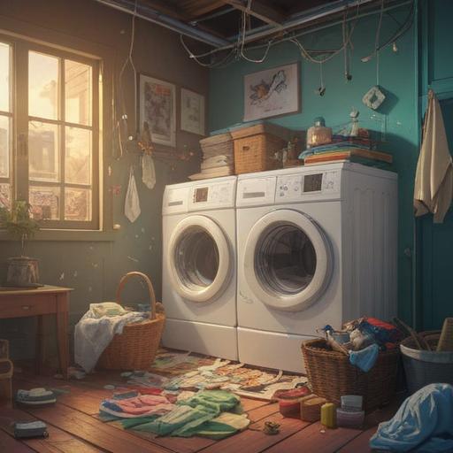 A symbolic scene representing the spiritual meaning of a washing machine breaking suddenly, a chaotic laundry room with clothes scattered everywhere, ethereal light illuminating the chaos, an unexpected moment of reflection and transformation, a sense of release and letting go, serene atmosphere despite the disorder, visual metaphor for cleansing and renewal, 4k