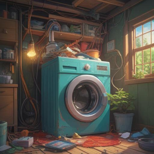 A symbolic illustration of a broken washing machine, soft light illuminating the scene, vibrant colors representing spiritual energy, nature elements intertwined with the machine, clouds forming positive symbols above, a serene environment suggesting renewal and cleansing, intricate details highlighting the contrast of malfunction and spiritual awakening, metaphorical representation, 4k