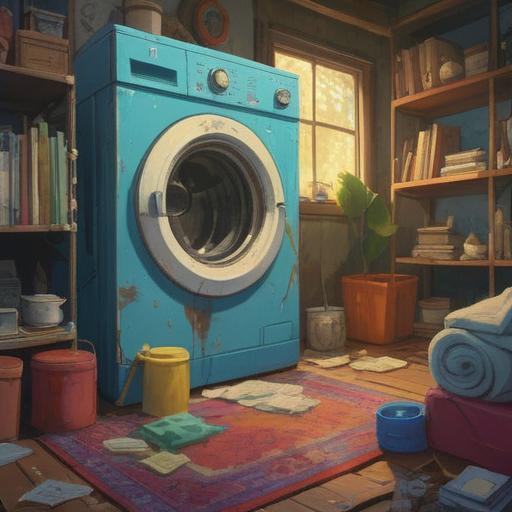 A sudden washing machine breakdown, warning signs and spiritual messages, a household environment, a distressed person contemplating the situation, symbolic elements like ghostly figures or glowing lights, a sense of urgency and reflection, vibrant yet slightly melancholic colors, 4k