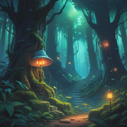 A mystical scene depicting the sudden ringing of a bell, ethereal light illuminating a tranquil forest, serene atmosphere, characters experiencing enlightenment, nature surrounded by ancient trees, spiritual awakening, soft angelic light, harmonious energy, 4k