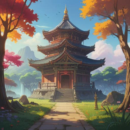 A serene landscape featuring a peaceful temple with a large bell in the foreground, sunlight filtering through the trees, a gentle breeze carrying the sound of the bell, vibrant flowers blooming around the temple, an aura of tranquility and spirituality, clear blue sky, soft rays of light creating a mystical atmosphere, 4k