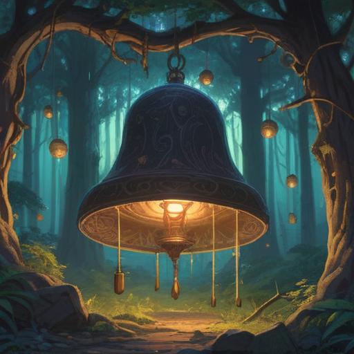 A serene scene depicting a mystical forest at dusk, glowing orbs of light floating in the air, a large ancient bell hanging from a tree, gentle fog enveloping the ground, animals attentively listening, a dreamy and contemplative atmosphere, a hint of magic and spirituality, rich details in the foliage, soft pastel colors, 4k