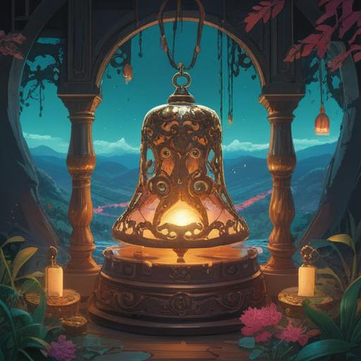 A serene scene depicting a lucky item appearing after hearing the sound of a bell, a shimmering charm glowing softly in the foreground, gentle rays of sunlight filtering through trees, lush green surroundings, a tranquil atmosphere filled with hope and positivity, intricate details on the charm, inviting scenery, harmonious nature elements, 4k