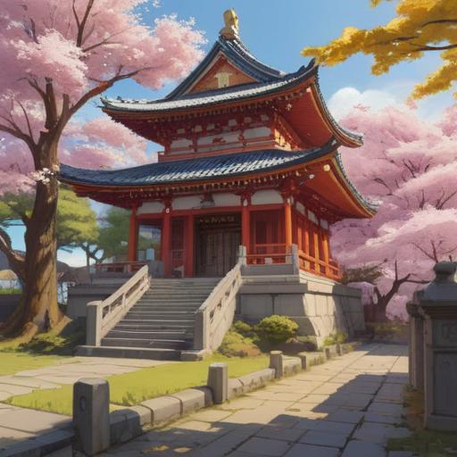 A serene scene of a traditional Japanese temple, soft sunlight filtering through cherry blossom trees, a gentle breeze carrying the sound of a temple bell, vibrant colors reflecting good fortune, a person standing in prayer with a hopeful expression, intricate details in the architecture, peaceful atmosphere, 4k