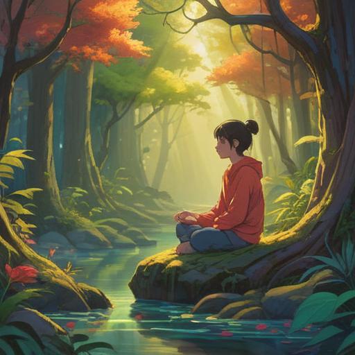 A serene landscape depicting a person sitting in meditation, surrounded by vibrant nature, soft light filtering through trees, gentle sound waves visualized in the air, mystical symbols floating around, calming aura, deep connection to spirituality, reflecting on sudden tinnitus, 4k