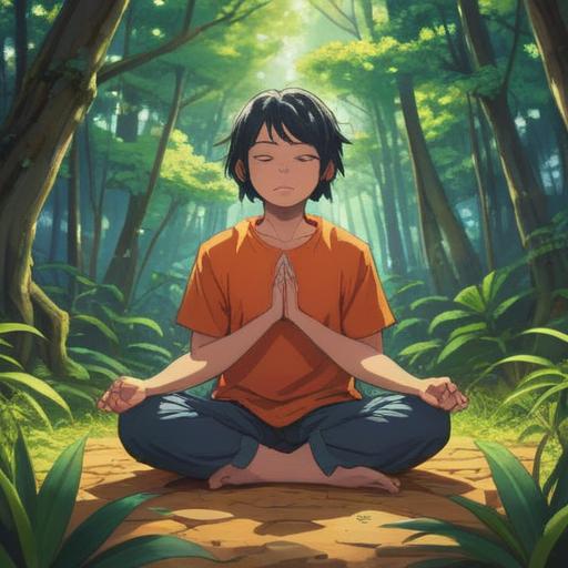 A serene scene depicting a person meditating in a tranquil environment, surrounded by lush nature, gentle sunlight filtering through trees, peaceful expression on their face, symbolizing clarity and positive energy, harmonious colors, soothing atmosphere, 4k