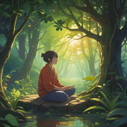A serene and calming scene depicting a person meditating in a tranquil environment, surrounded by nature, soft sunlight filtering through leaves, a peaceful expression on their face, visualizing sound waves as colorful patterns dissipating into the air, representing relief from tinnitus, sense of tranquility and fresh beginnings, 4k