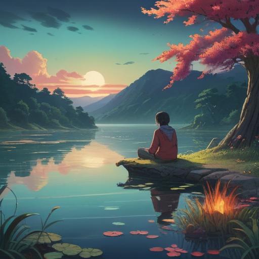 A serene and introspective scene depicting a person sitting by a tranquil lake, surrounded by ethereal light, symbolic spirits representing sudden emotional shifts, gentle ripples on the water reflecting inner turmoil, soft whispers in the air, subtle changes in color representing emotional transitions, peaceful yet contemplative atmosphere, 4k