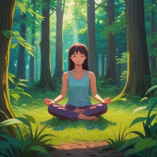 A serene and tranquil scene depicting a person meditating in a peaceful forest, surrounded by gentle sunlight filtering through the trees, vibrant greenery, soft flowing water from a nearby stream, calming aura, symbols of harmony and balance around, deep sense of inner peace, ethereal light, 4k
