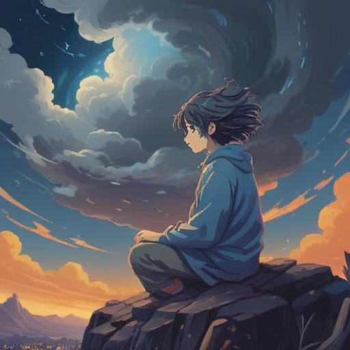 A spiritual illustration depicting the sudden loss of motivation, ethereal background, swirling clouds of gray and blue, a figure sitting in contemplation, surrounded by floating symbols of dreams and aspirations, subtle light breaking through darkness, serene atmosphere, reflection and introspection, 4k