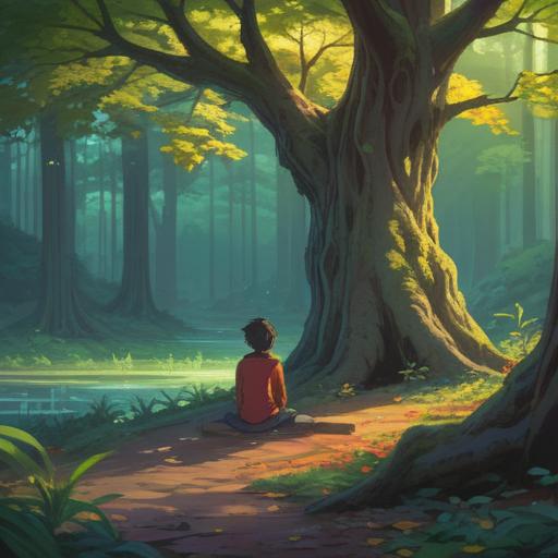 A serene and reflective scene depicting a person sitting under a tree, looking contemplative, soft light filtering through leaves, vibrant colors, ethereal atmosphere, gentle breeze, symbols of growth and renewal around, subtle hints of spirituality, uplifting vibes, introspective moment, 4k