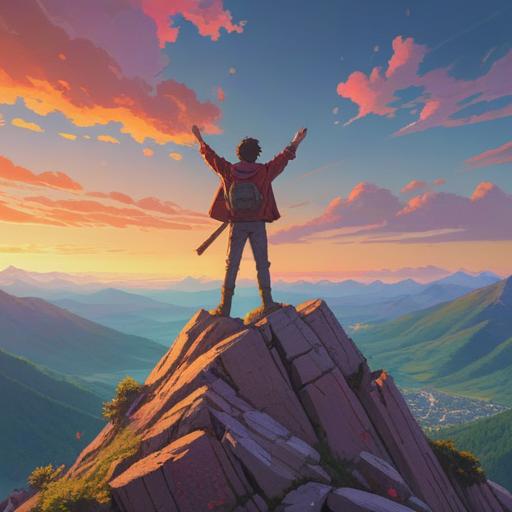 A motivational scene depicting a person standing on a mountain peak at sunrise, arms raised triumphantly, vibrant colors, soft light illuminating the landscape, a winding path leading up the mountain, symbols of growth and renewal like blooming flowers, a clear blue sky, a sense of achievement and optimism, inspirational atmosphere, 4k
