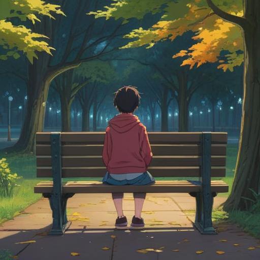 A serene and introspective scene, a young person sitting alone on a park bench, soft tears glistening in their eyes, a gentle breeze rustling nearby trees, a glowing aura surrounding them symbolizing healing and growth, colorful light orbs floating around, a sunset casting warm hues in the background, introspective mood, spiritual symbolism, detailed foliage, 4k