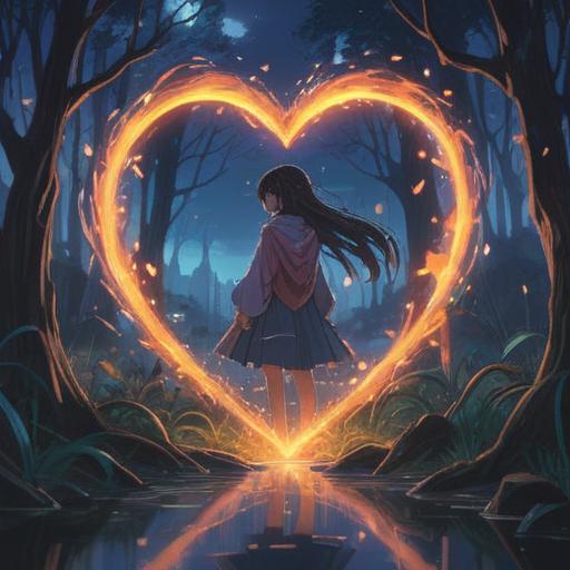 A serene and symbolic illustration of a heart gently breaking, soft ethereal lights surrounding it, a figure standing in reflection with a peaceful expression, nature scene representing renewal with blooming flowers and a flowing stream, soft pastel colors, spiritual ambiance, illustrating hope and new beginnings, 4k