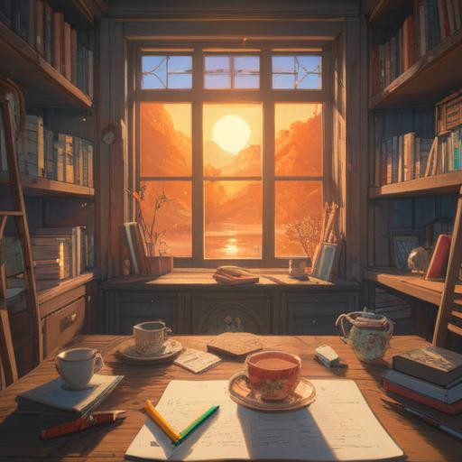 A serene and motivational scene, a beautifully arranged desk with a journal, colorful pens, and a steaming cup of tea, sunlight streaming through a window, gentle plants in the background, notes of inspiration scattered around, inviting ambiance, subtle reflections of hope and renewal, 4k