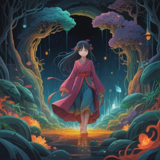 A serene and introspective scene, vibrant colors symbolizing emotions, abstract representations of spirituality, flowing forms and shapes, a figure meditating in a natural landscape, rays of light illuminating the surroundings, interconnected energy patterns, calm yet powerful atmosphere, 4k