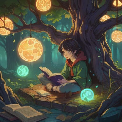A serene illustration of a person sitting under a large tree, immersed in a book, surrounded by floating glowing orbs symbolizing inspiration and knowledge, gentle sunlight filtering through leaves, peaceful atmosphere, soft breeze in the air, inviting scene, harmonious connection with nature, 4k
