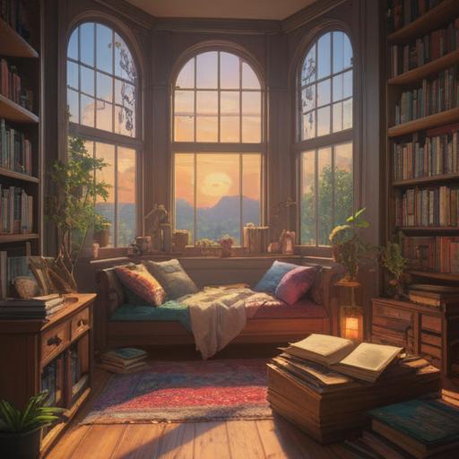 A serene and mystical scene of a cozy reading nook, warm sunlight streaming through a window, surrounded by an array of colorful books, a comfortable armchair with soft cushions, gentle floating ethereal lights, a feeling of tranquility and inspiration, a gentle breeze fluttering the pages of an open book, inviting atmosphere, 4k