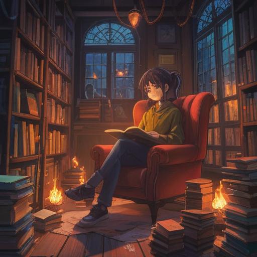 A serene scene depicting a person sitting on a cozy chair, surrounded by stacks of books, soft light illuminating the space, a gentle aura of spiritual energy emanating from the books, warm colors, inviting atmosphere, contemplative expression on the person's face, subtle hints of mystical symbols in the background, inspiration and tranquility, 4k