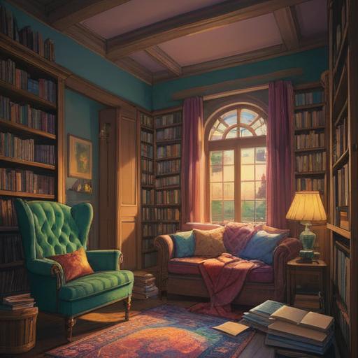 A cozy reading nook, soft light filtering through a window, an inviting chair with a plush blanket, a stack of colorful books, quaint bookshelf filled with literary treasures, steaming cup of tea on a side table, warm and inviting atmosphere, whimsical decor elements, 4k
