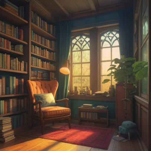 A serene indoor scene, cozy reading nook, sunlight streaming through a window, shelves filled with books, a comfortable armchair, a steaming cup of tea on a side table, gentle light illuminating pages of an open book, peaceful atmosphere, inspiration and reflection, 4k