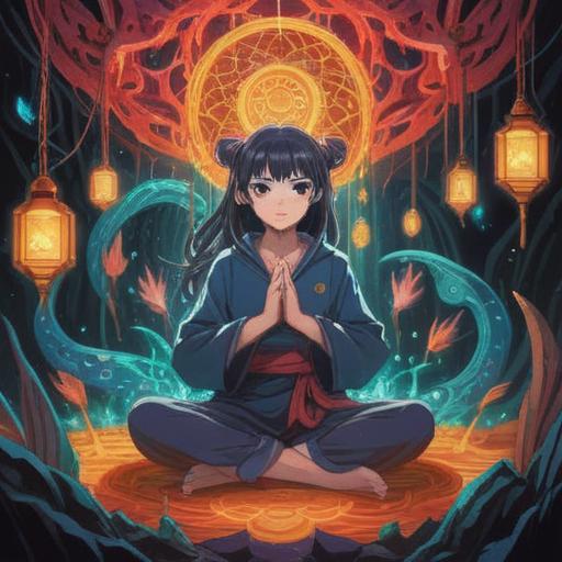 A person with a unique aura, surrounded by glowing spiritual symbols, meditative pose, ethereal light, vibrant colors, serene expression, cosmic background, mystical energy, introspective atmosphere, harmony with nature, 4k