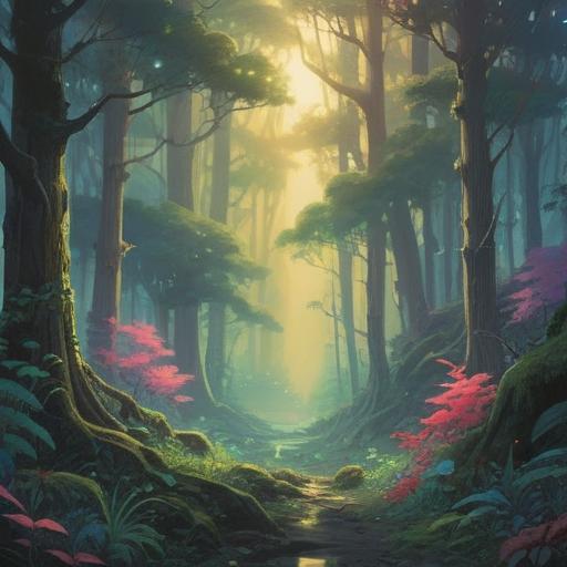 A mystical forest scene, ethereal light filtering through the trees, glowing symbols in the air, enigmatic atmosphere, soft mist, vibrant colors, subtle celestial elements, tranquil yet haunting, intricate details, inviting yet mysterious presence, 4k