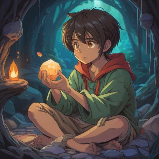 A serene illustration of a person sitting comfortably, holding a unique lucky stone in their hands, the stone glowing softly, surrounded by gentle nature elements like flowering plants and a tranquil stream, a sense of calm and self-control, warm light filtering through the trees, harmonious colors, 4k