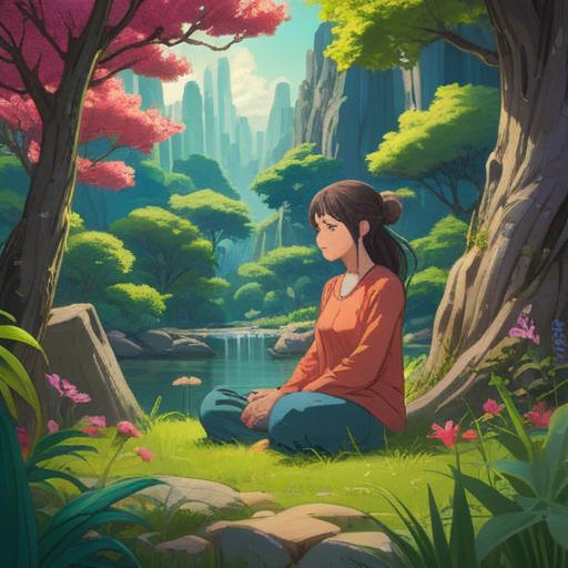 A serene illustration depicting a single woman in a peaceful setting, surrounded by nature, symbolizing spiritual growth, meditating under a blooming cherry blossom tree, soft sunlight filtering through the leaves, a sense of inner peace and self-discovery, vibrant colors, harmonious atmosphere, reflecting personal journey, 4k