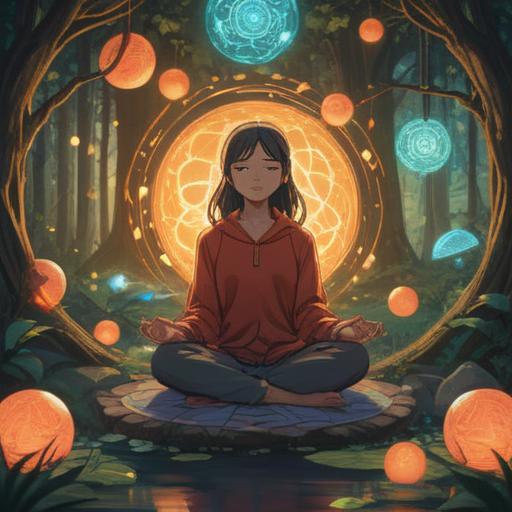 A thoughtful scene of a single woman meditating in a serene environment, surrounded by nature, glowing orbs of light representing spiritual signs, gentle breeze rustling trees, a peaceful lake reflecting the sky, an aura of tranquility, soft sunlight filtering through leaves, 4k