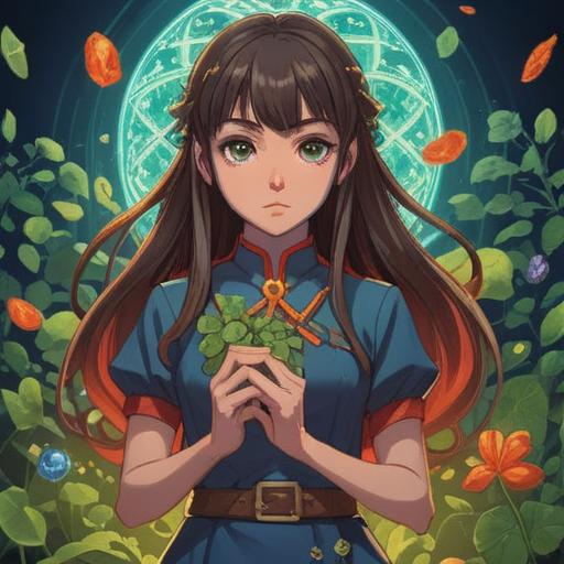 A vibrant illustration of a single woman holding a lucky charm, surrounded by symbols of good luck such as four-leaf clovers and horseshoes, a bright sun shining in the background, cheerful and empowering atmosphere, playful and uplifting vibe, character exuding confidence and joy, colorful clothing and accessories, 4k