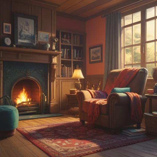 A serene and calming scene depicting self-care practices, a peaceful room filled with soft sunlight, a cozy armchair with a warm blanket, soft candles flickering, an open journal with a pen, a potted plant in the corner, soothing atmosphere, gentle color palette, mindful meditation space, representing mental well-being and self-love, 4k
